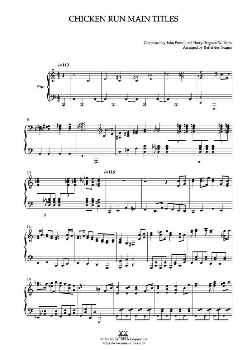 Sheet music of Chicken Run Main Titles arranged for piano solo preview page 1