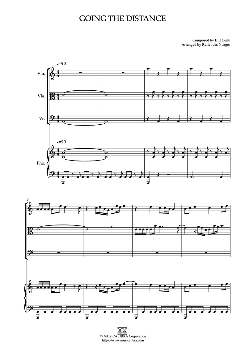 Partitura de Rocky Themes Going the Distance arreglada para cuarteto de violín, viola, violonchelo y piano