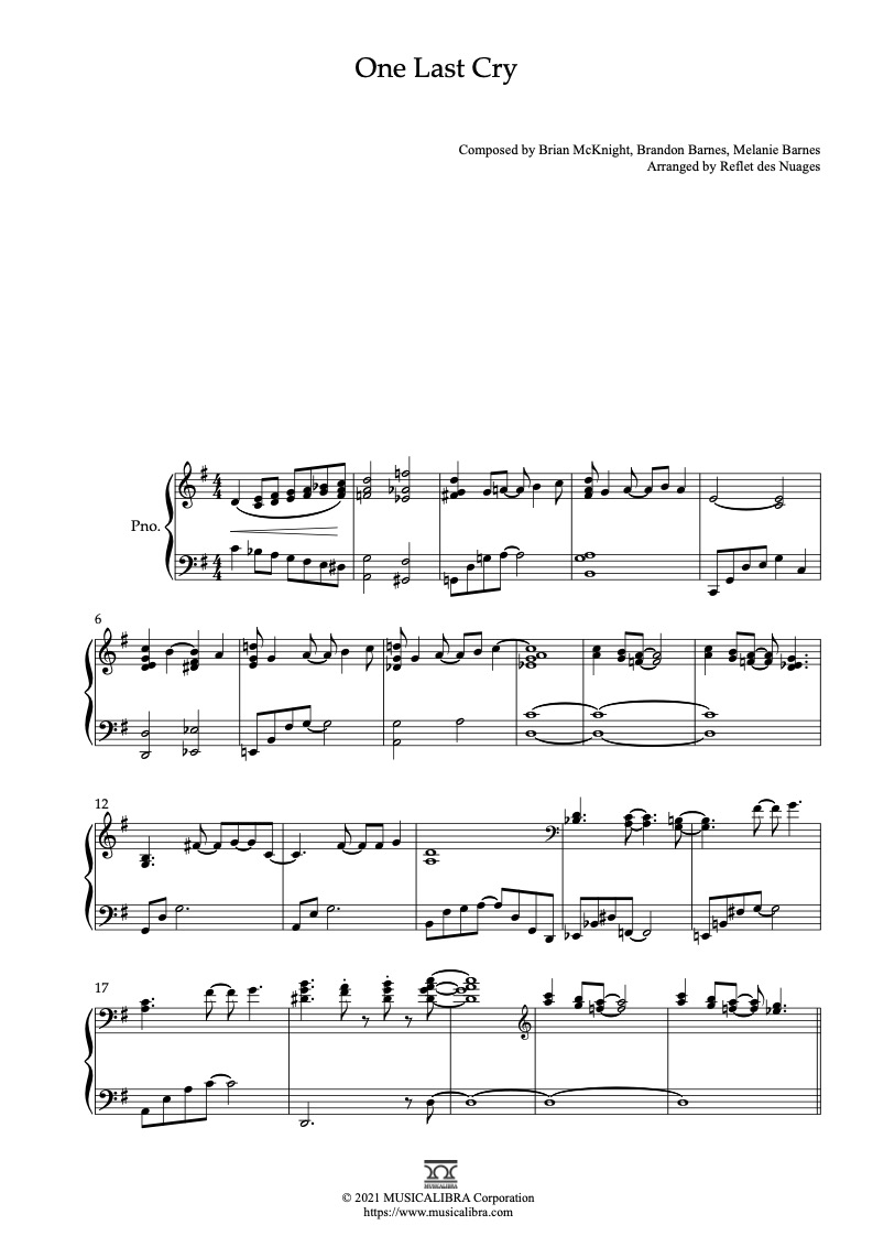 Sheet music of Brian McKnight One Last Cry arranged for piano solo preview page 1