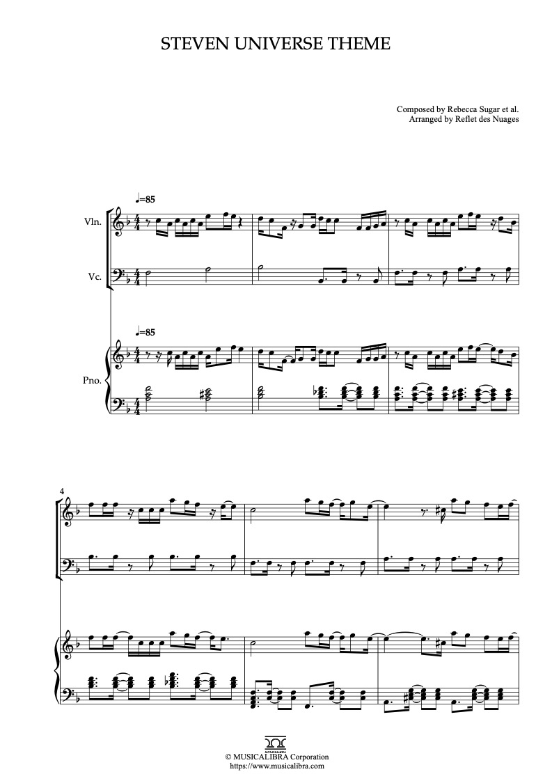 Partitura de Steven Universe Theme arreglada para trío de violín, violonchelo y piano
