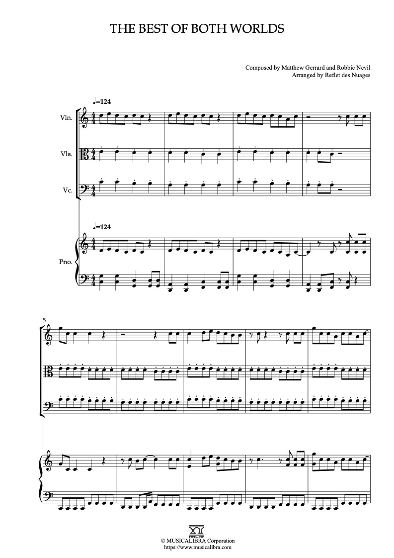 Sheet music of Hannah Montana The Best of Both Worlds arranged for violin, viola, cello and piano quartet chamber ensemble preview page 1