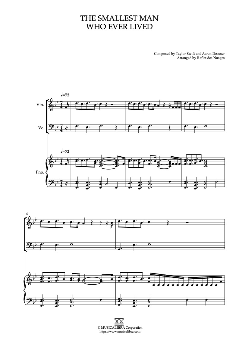 Sheet music of Taylor Swift The Smallest Man Who Ever Lived arranged for violin, cello and piano trio chamber ensemble preview page 1