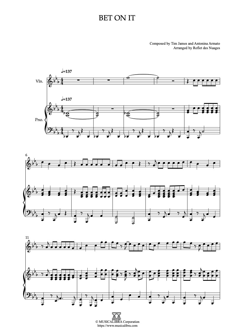 High Shool Musical Bet on It 編曲楽譜 - ヴァイオリン、ピアノデュエット