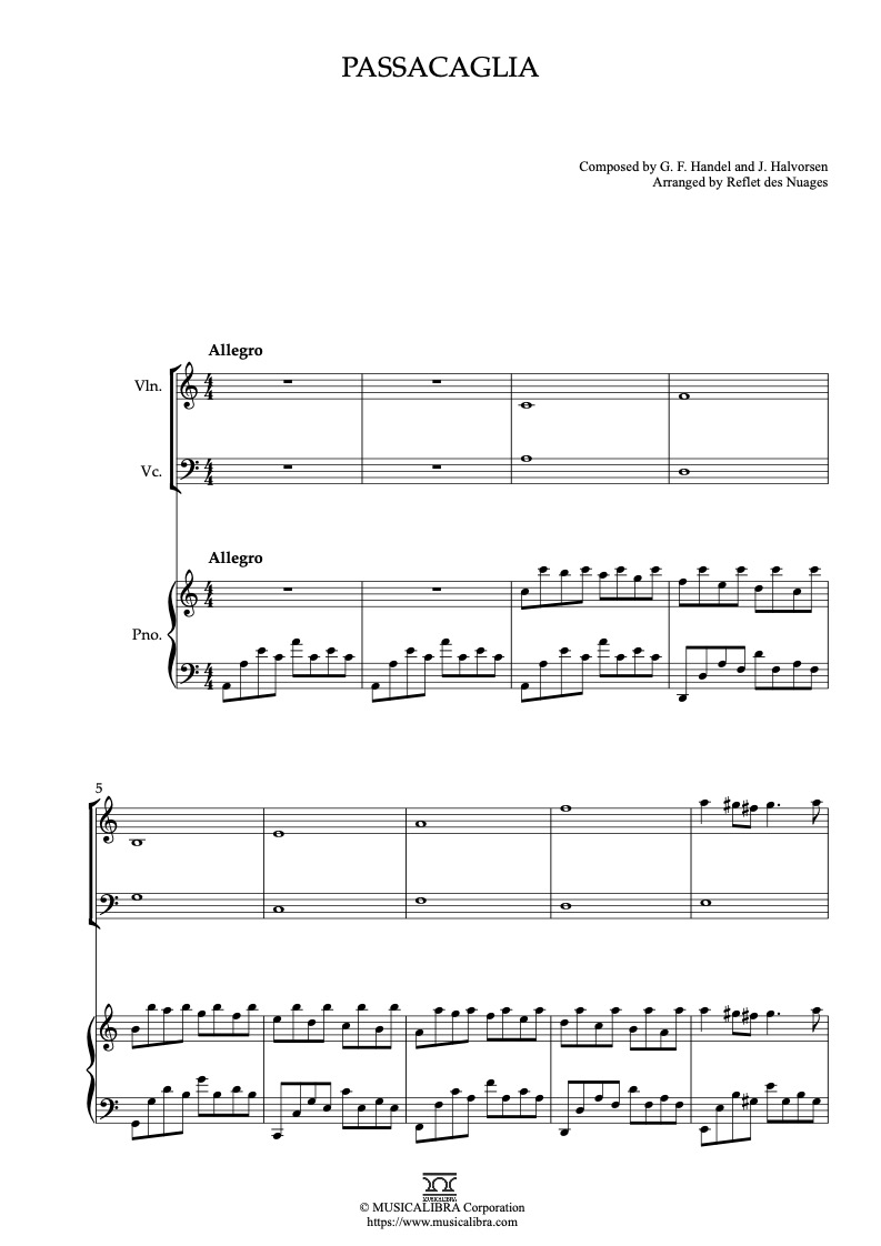 Partitura de Passacaglia arreglada para trío de violín, violonchelo y piano