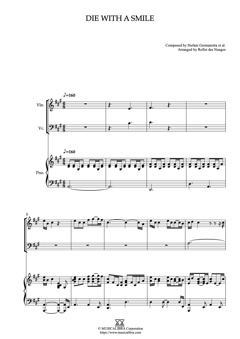 Partitura de Lady Gaga and Bruno Mars Die With a Smile arreglada para trío de violín, violonchelo y piano