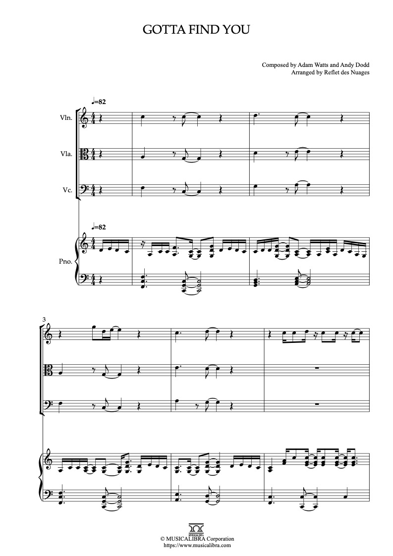 Sheet music of Camp Rock Gotta Find You arranged for violin, viola, cello and piano quartet chamber ensemble preview page 1