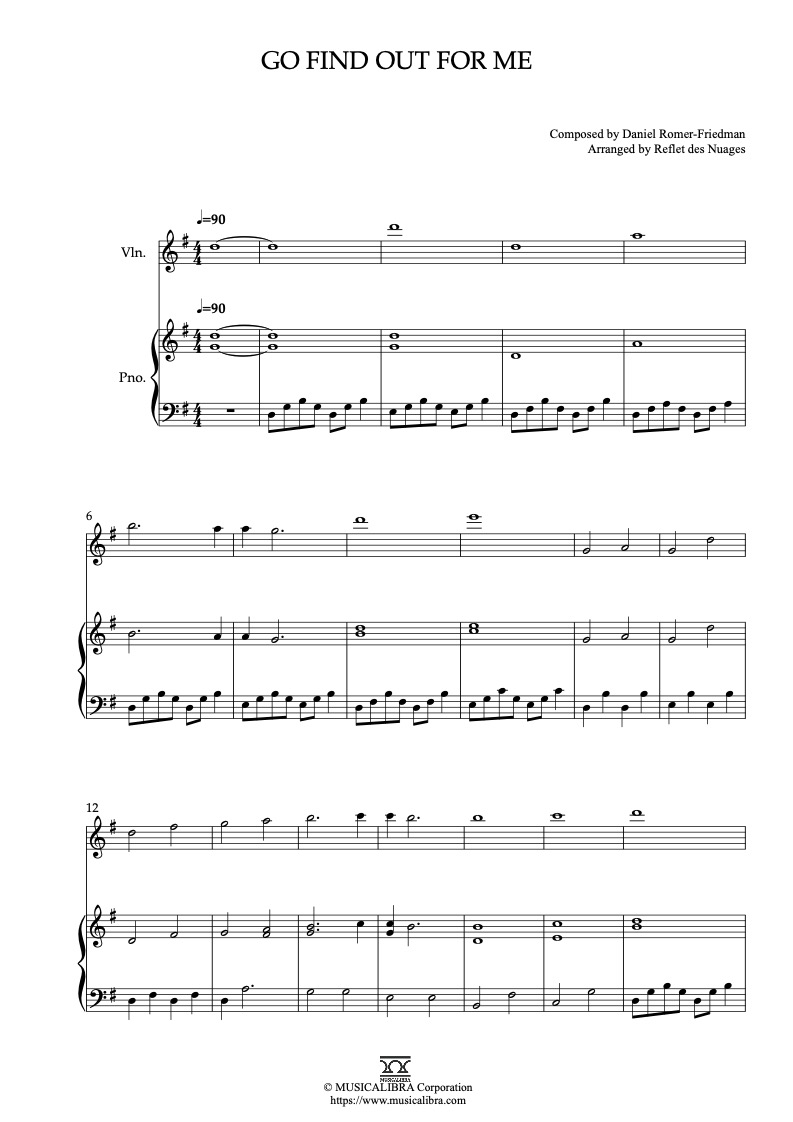 Luca Go Find Out for Me 編曲楽譜 - ヴァイオリン、ピアノデュエット