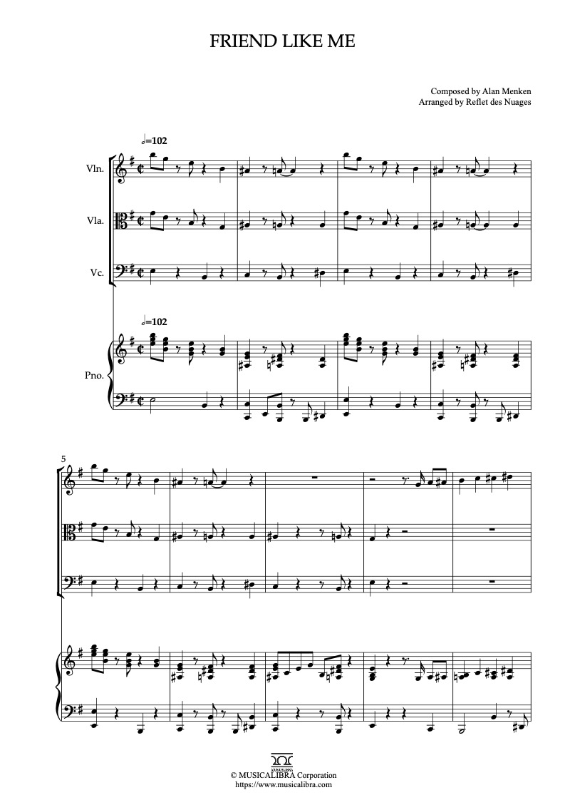 Partitura de Aladdin Friend Like Me arreglada para cuarteto de violín, viola, violonchelo y piano