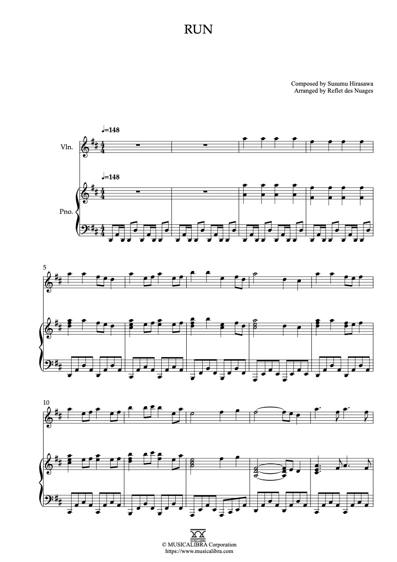 Sheet music of Millennium Actress Run arranged for violin and piano duet chamber ensemble preview page 1