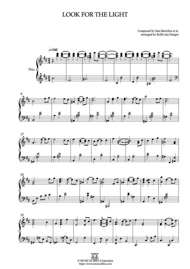 Partitura de Sara Bareilles Look for the Light arreglada para piano solo