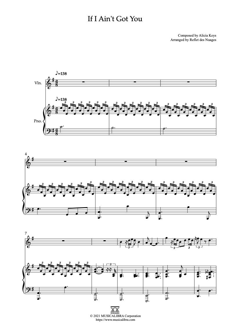 Sheet music of Alicia Keys If I Ain't Got You arranged for violin and piano duet preview page 1