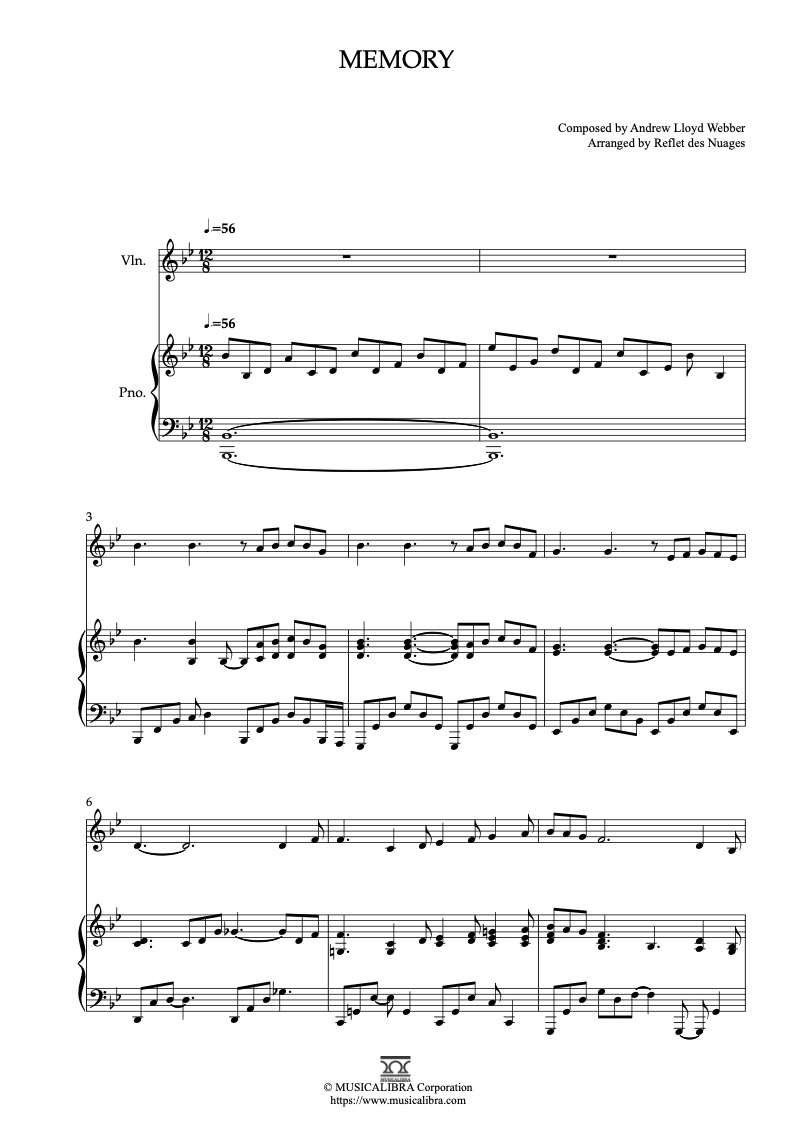 Sheet music of Cats Memory arranged for violin and piano duet preview page 1
