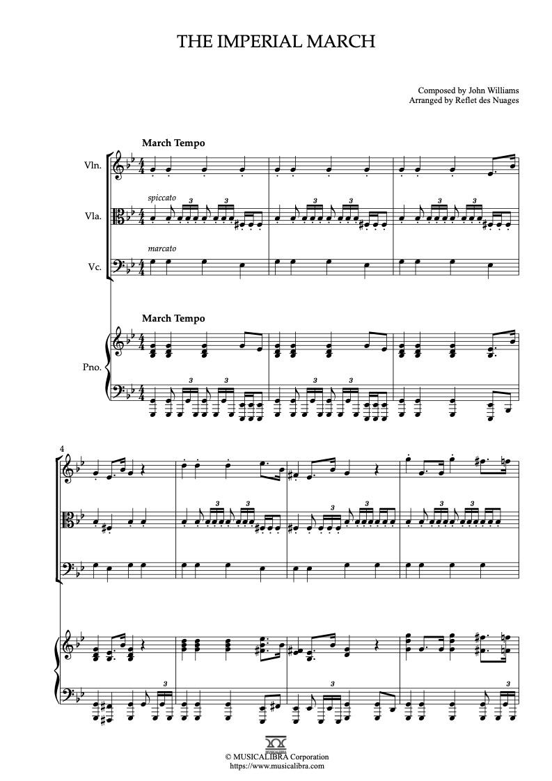 Partitura de Star Wars The Imperial March arreglada para cuarteto de violín, viola, violonchelo y piano
