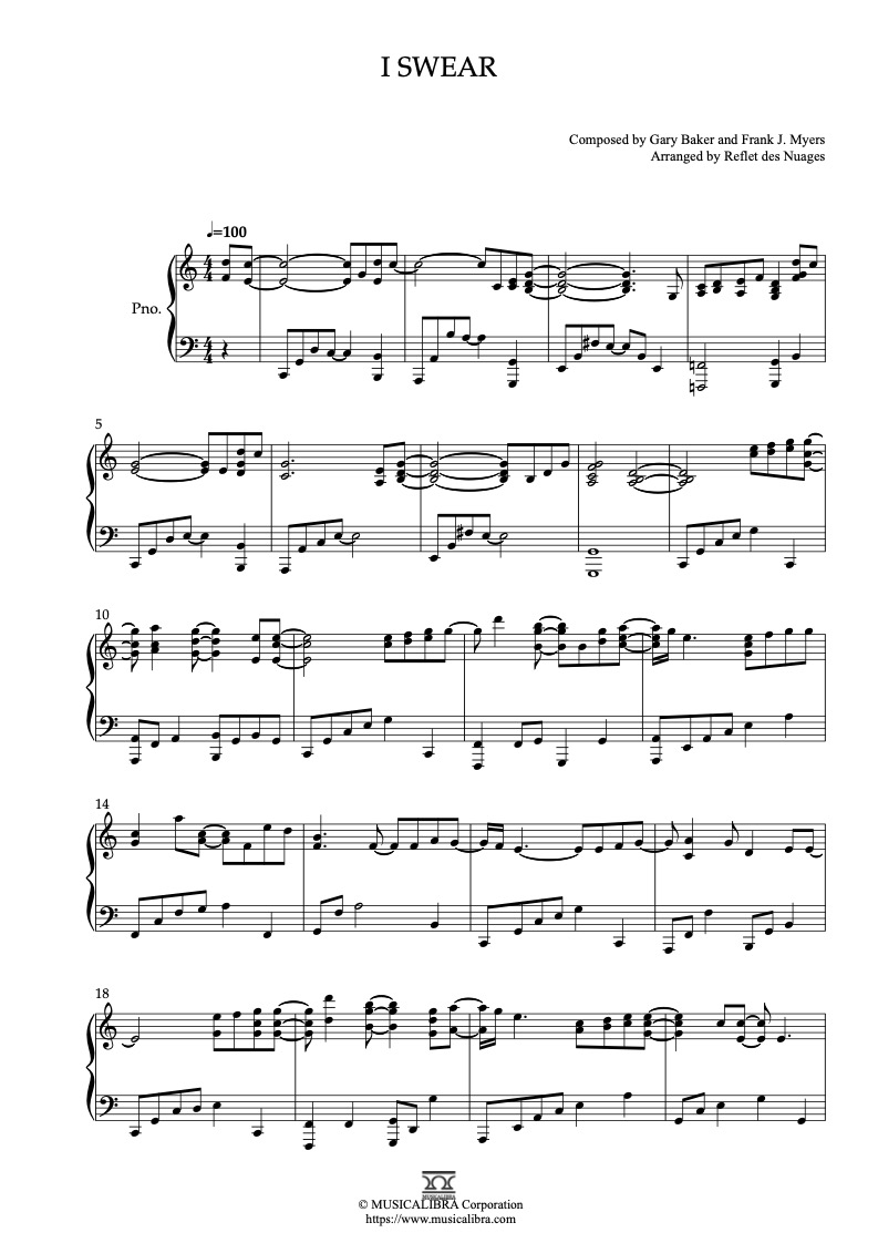 Sheet music of All 4 One I Swear arranged for piano solo preview page 1