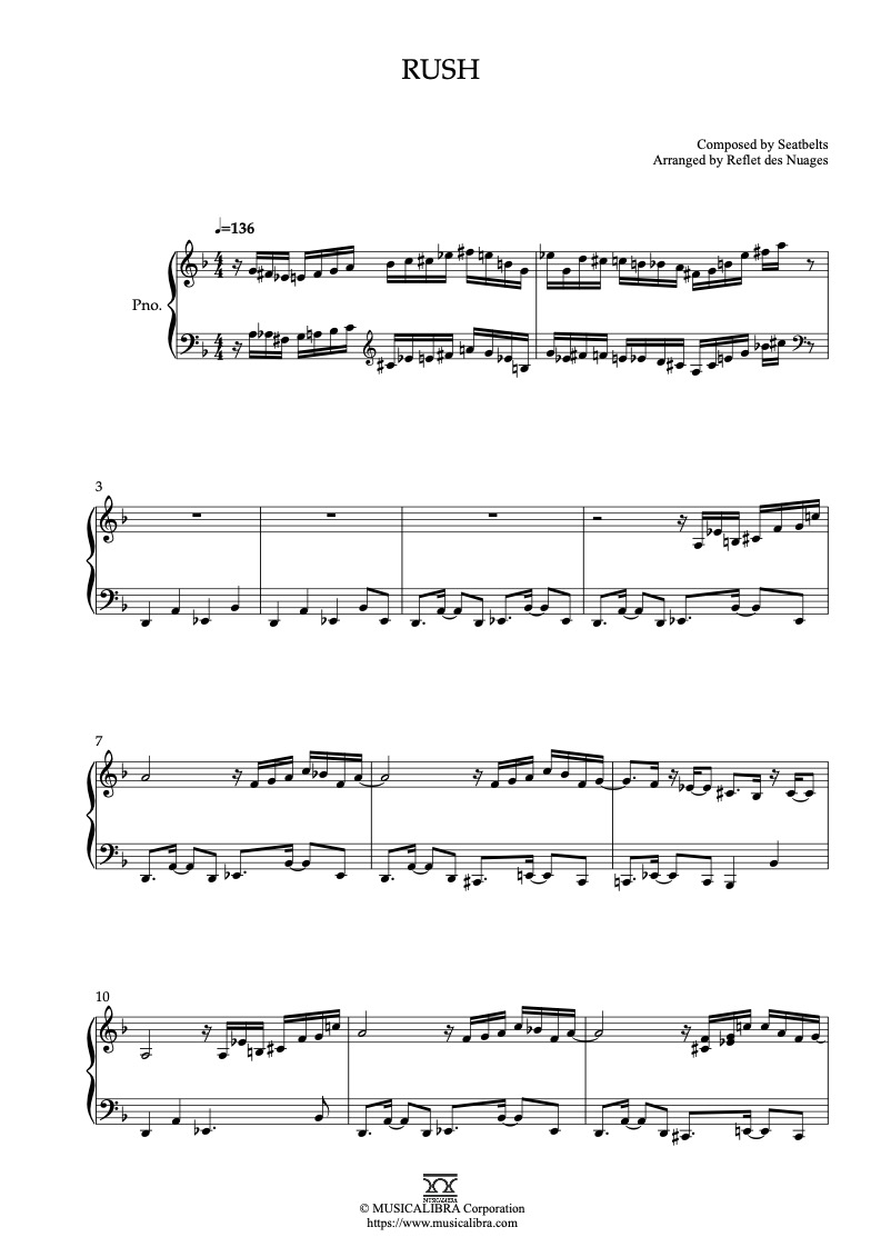 Sheet music of Cowboy Bebop Rush arranged for piano solo preview page 1
