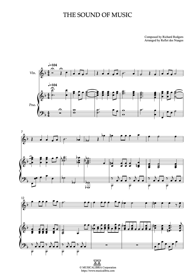 Partitura de The Sound of Music arreglada para dueto de violín y piano