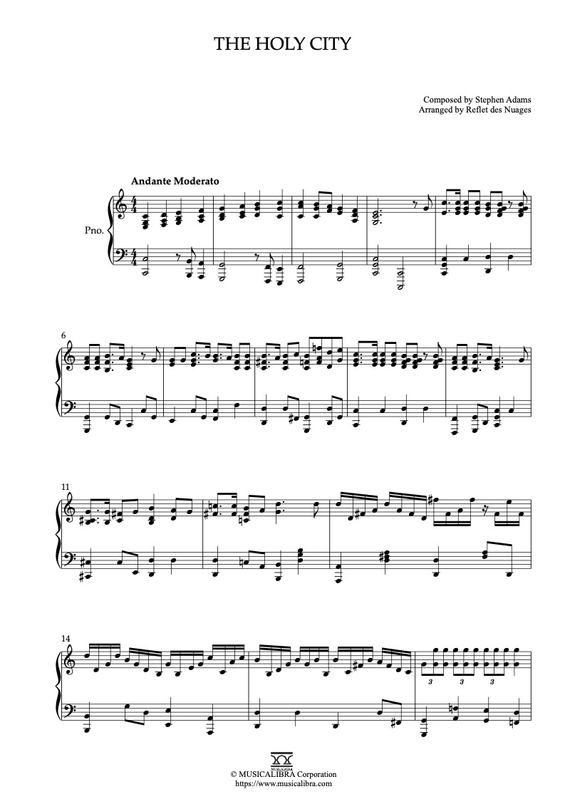 Sheet music of The Holy City arranged for piano solo preview page 1