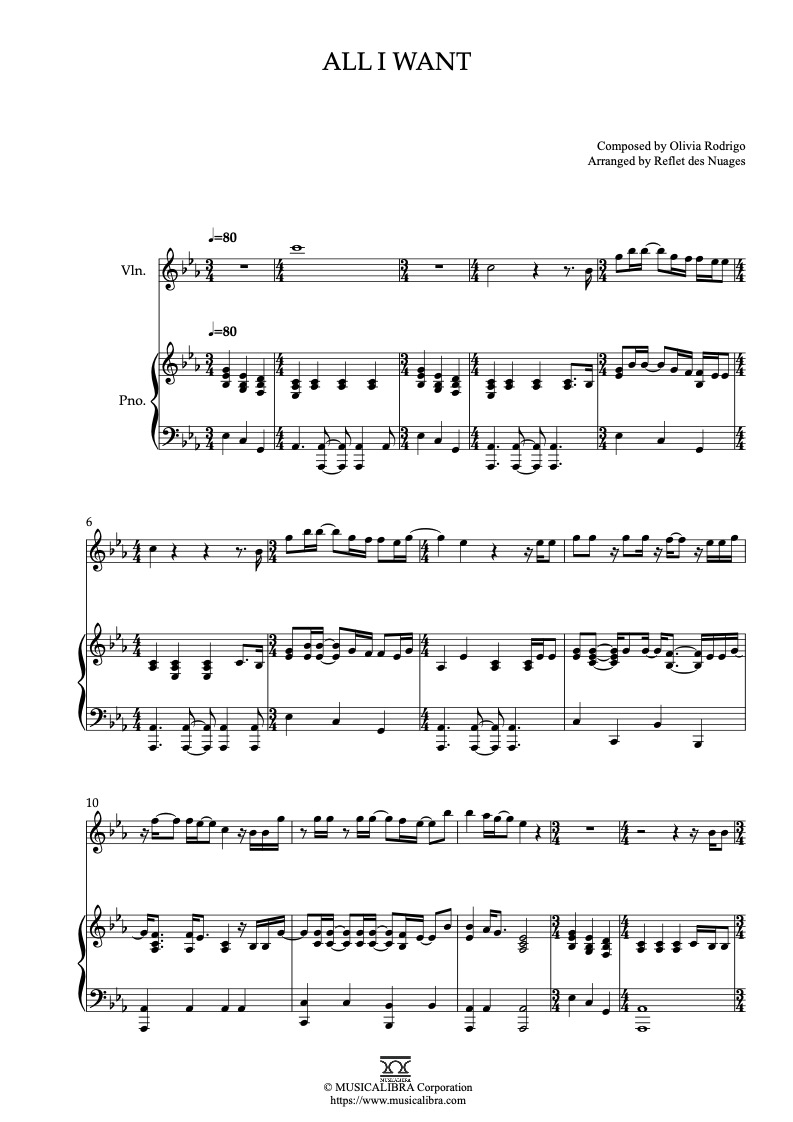 Partitura de High School Musical All I Want arreglada para dueto de violín y piano