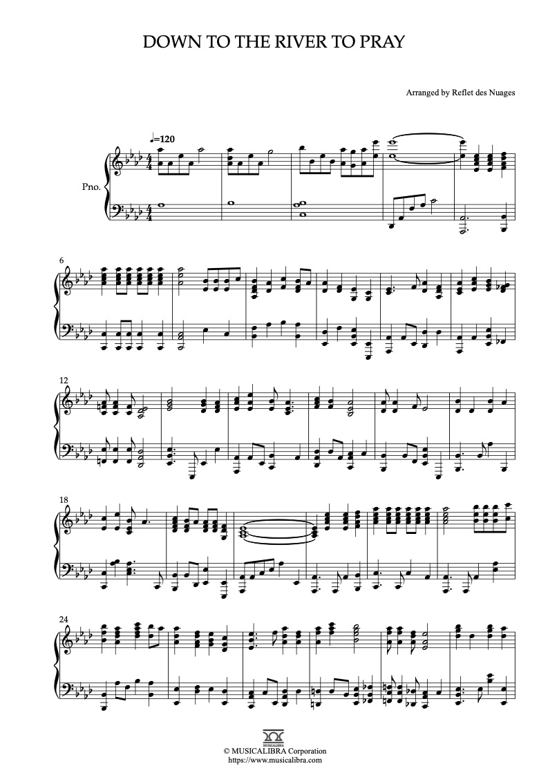 [PIANO SOLO SHEET MUSIC] Down to the River to Pray : MUSICALIBRA