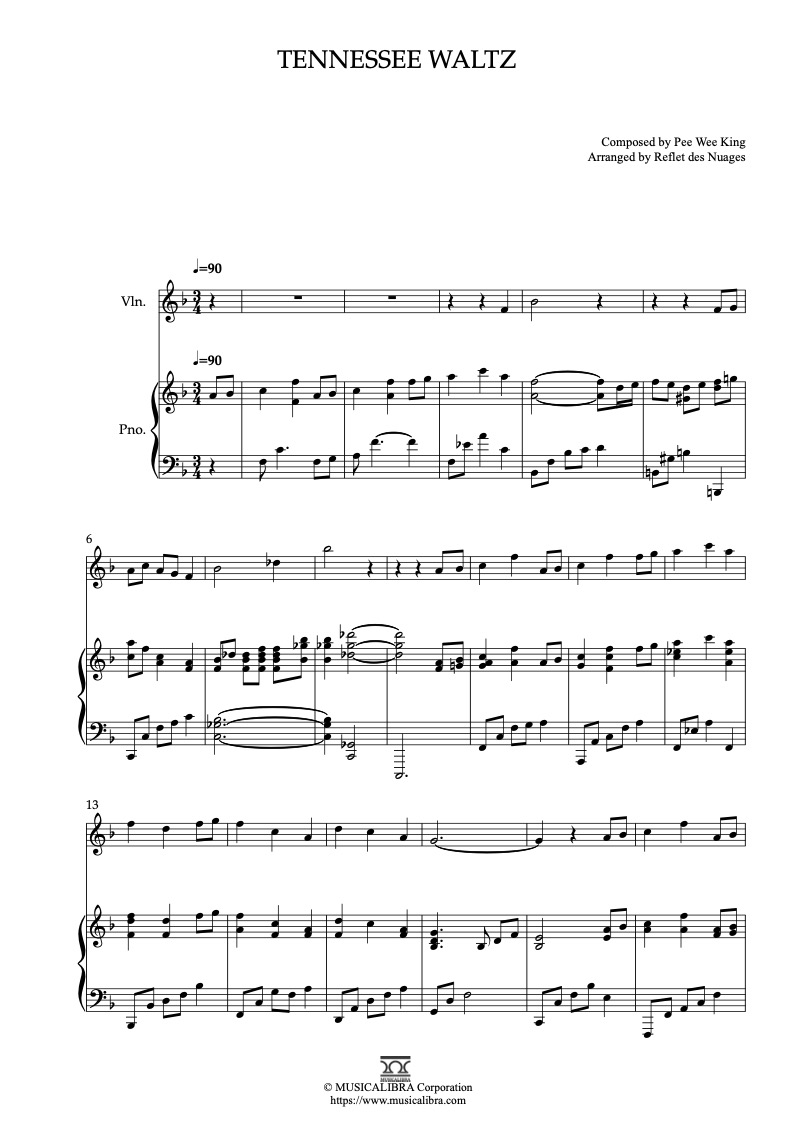 Partitura de The Tennessee Waltz arreglada para dueto de violín y piano