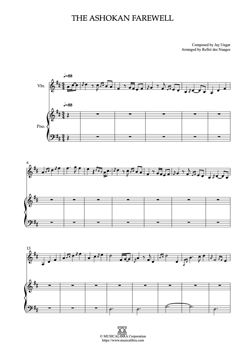 Partitura de Jay Ungar & Molly Mason The Ashokan Farewell arreglada para dueto de violín y piano