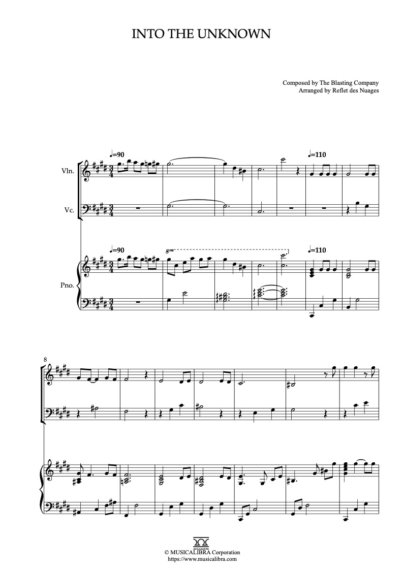 Partitura de Over the Garden Wall Into the Unknown arreglada para trío de violín, violonchelo y piano