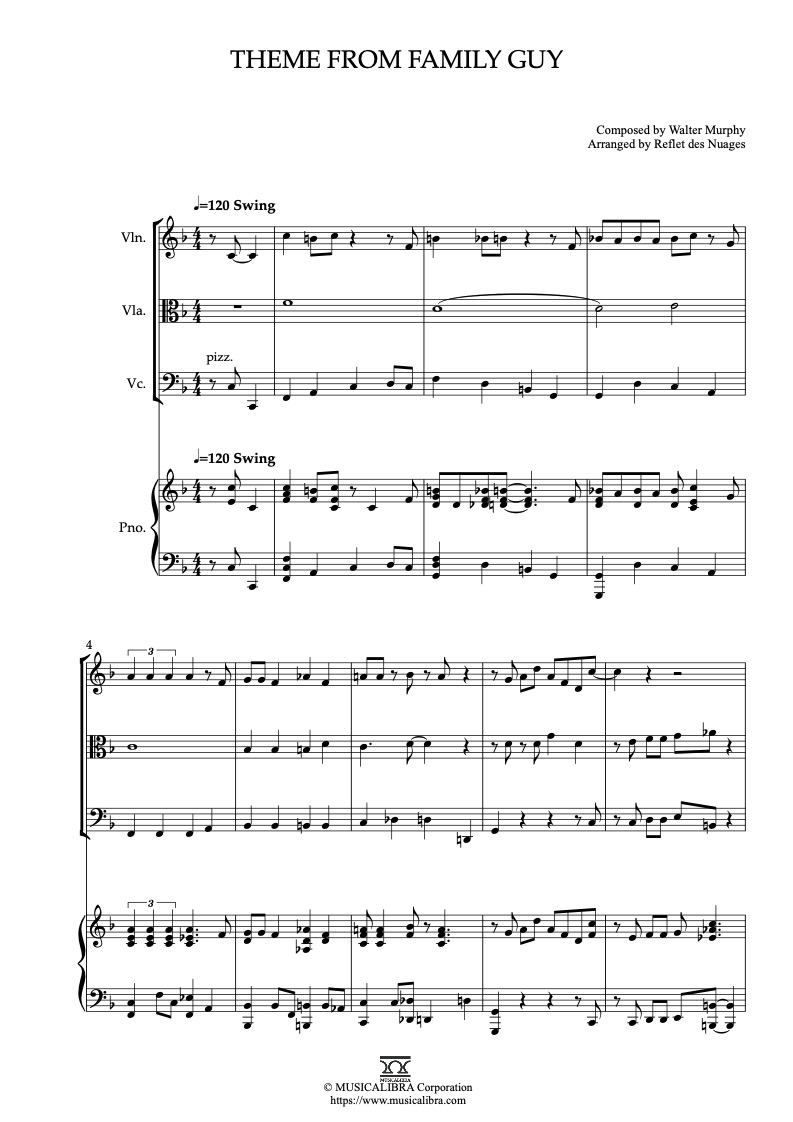 Theme from Family Guy 編曲楽譜 - ヴァイオリン、ビオラ、チェロ、ピアノ 室内楽 アンサンブル