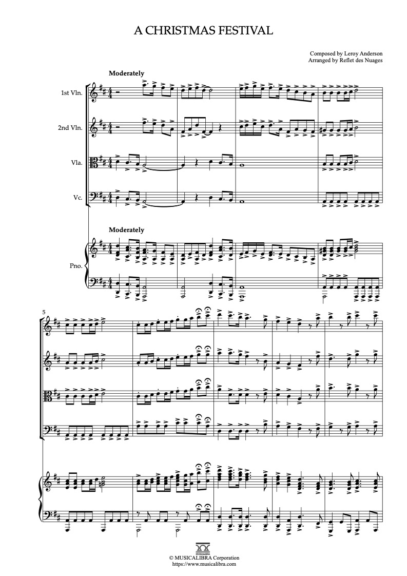 Partitura de A Christmas Festival arreglada para quinteto de 2 violínes, violonchelo y piano