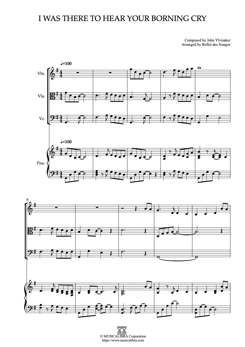 Sheet music of I Was There to Hear Your Borning Cry arranged for violin, viola, cello and piano quartet chamber ensemble preview page 1