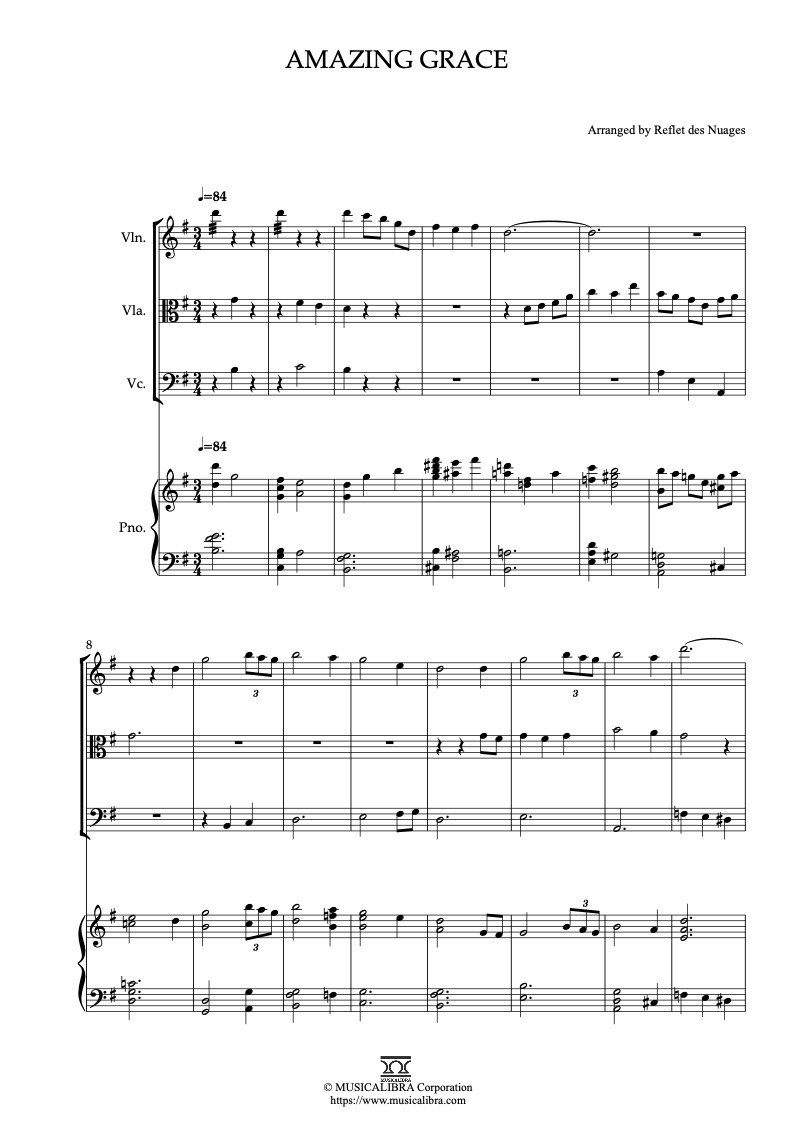 Amazing Grace 四重奏 乐谱 - 小提琴, 中提琴, 大提琴, 钢琴
