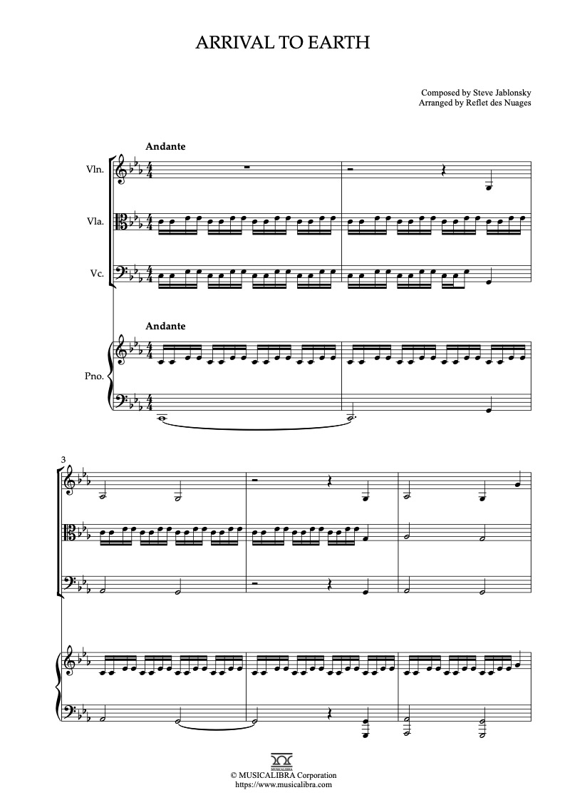 Sheet music of Steve Jablonsky Arrival on Earth arranged for violin, viola, cello and piano quartet chamber ensemble preview page 1