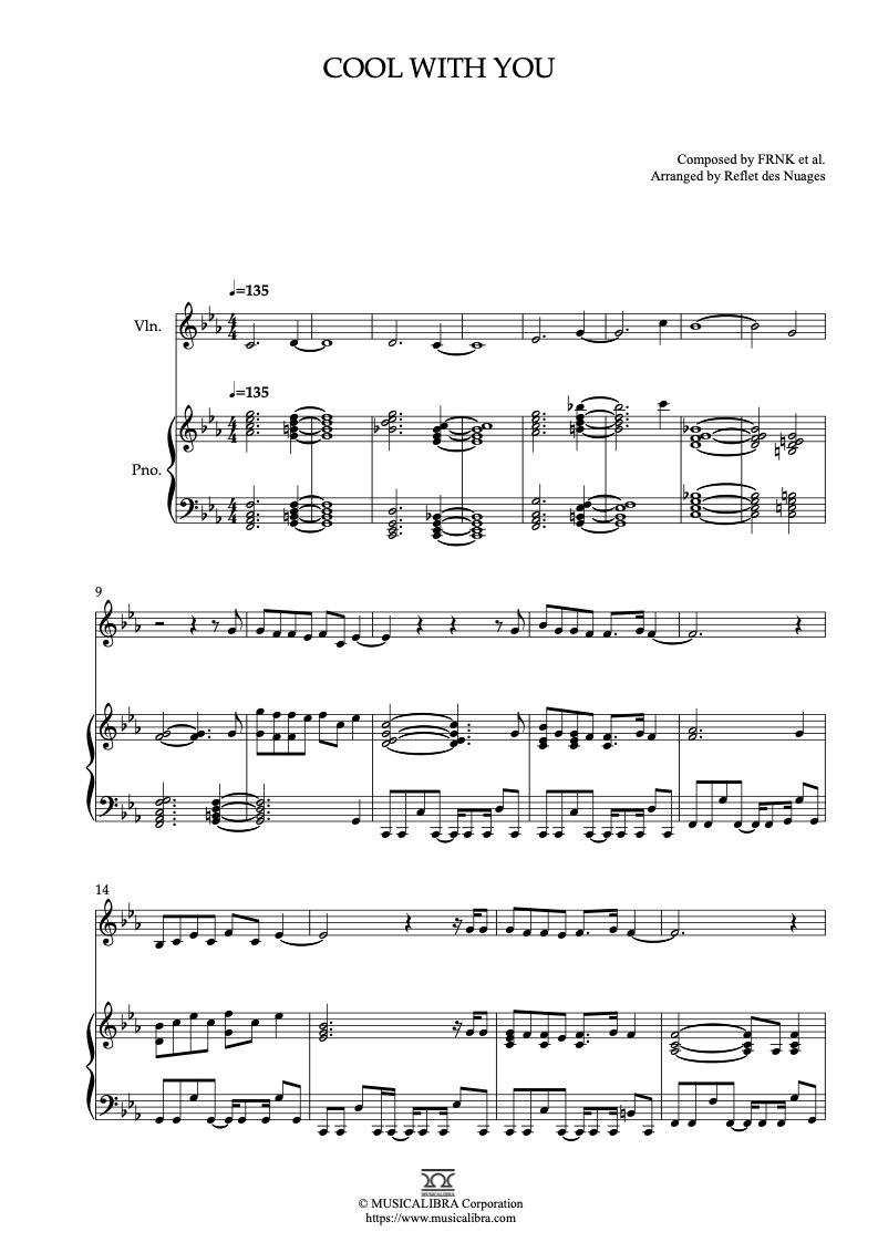 Sheet music of NewJeans Cool With You arranged for violin and piano duet preview page 1