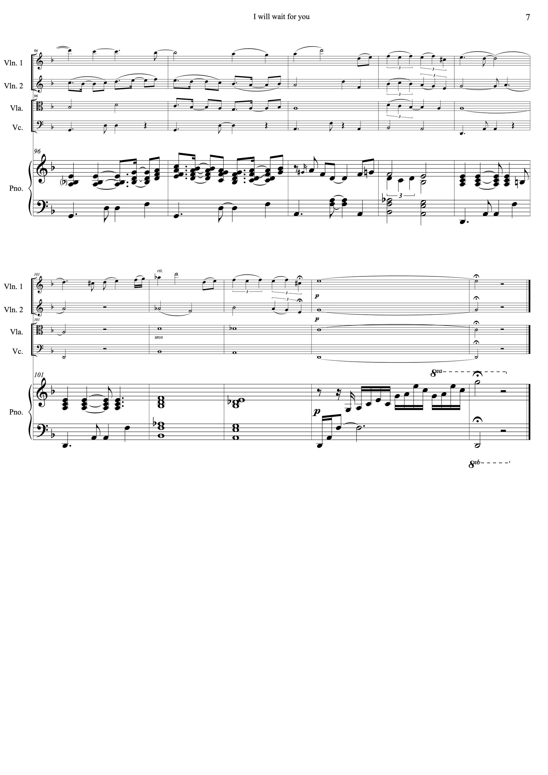 Sheet music of I Will Wait for You arranged for violin, viola, cello and piano quintet preview page 7