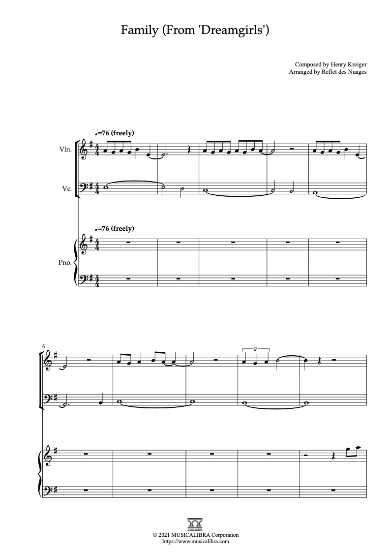 Partitura de Family(Dreamgirls) arreglada para trío de violín, violonchelo y piano