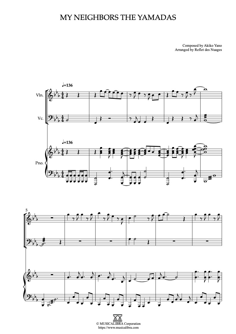Partitura de My Neighbors the Yamadas arreglada para trío de violín, violonchelo y piano