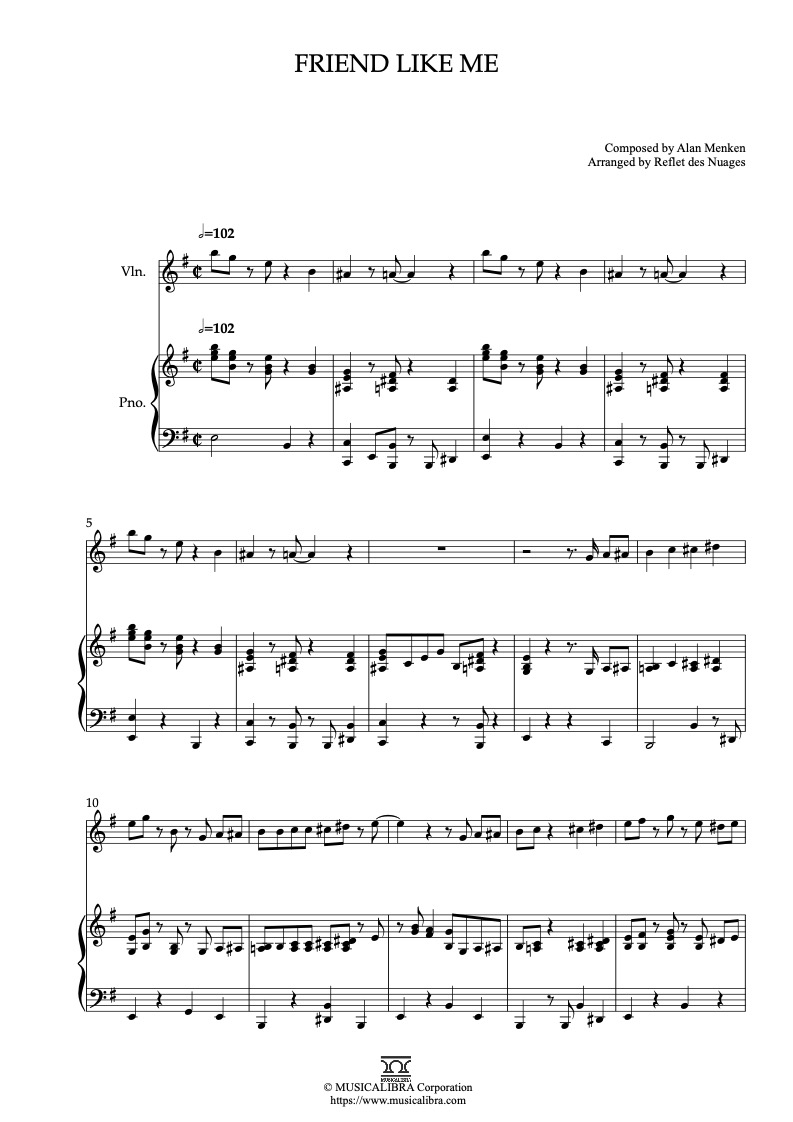 Partitura de Aladdin Friend Like Me arreglada para dueto de violín y piano