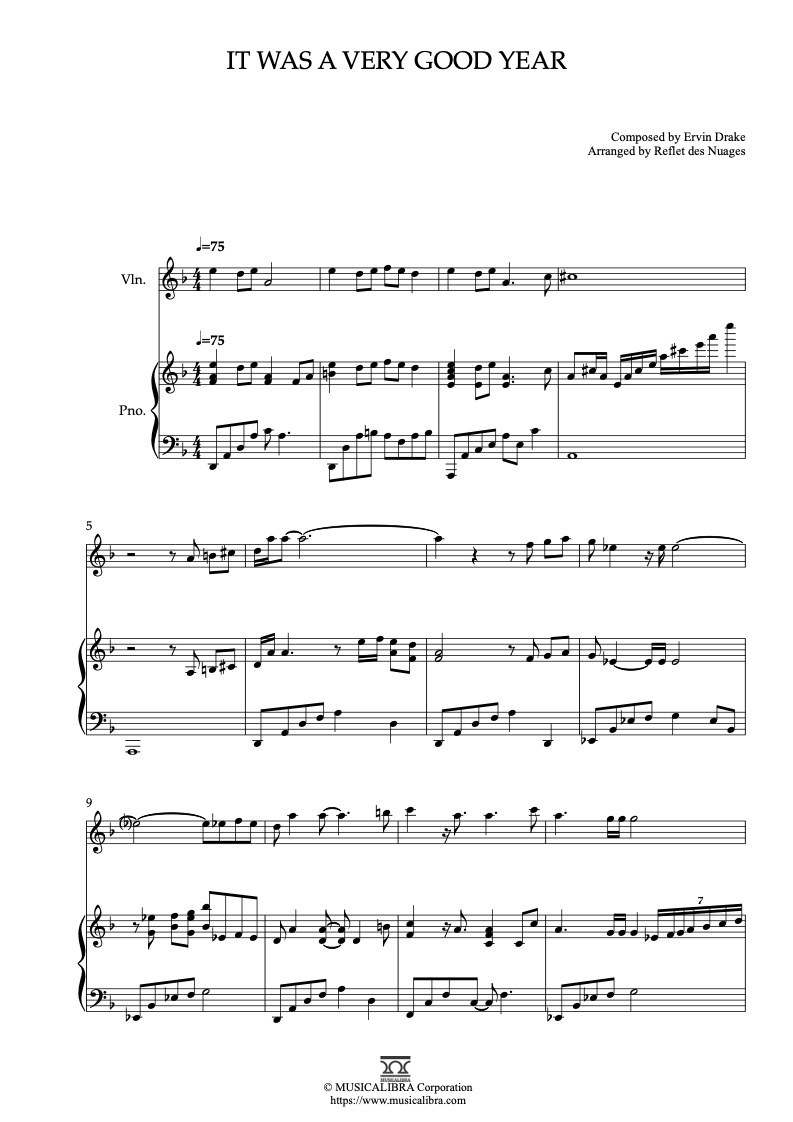 Sheet music of Frank Sinatra It Was a Very Good Year arranged for violin and piano duet preview page 1