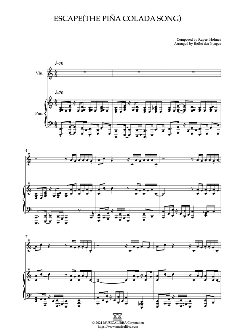 Rupert Holmes Escape(The Piña Colada Song) 二重奏 乐谱 - 小提琴, 钢琴