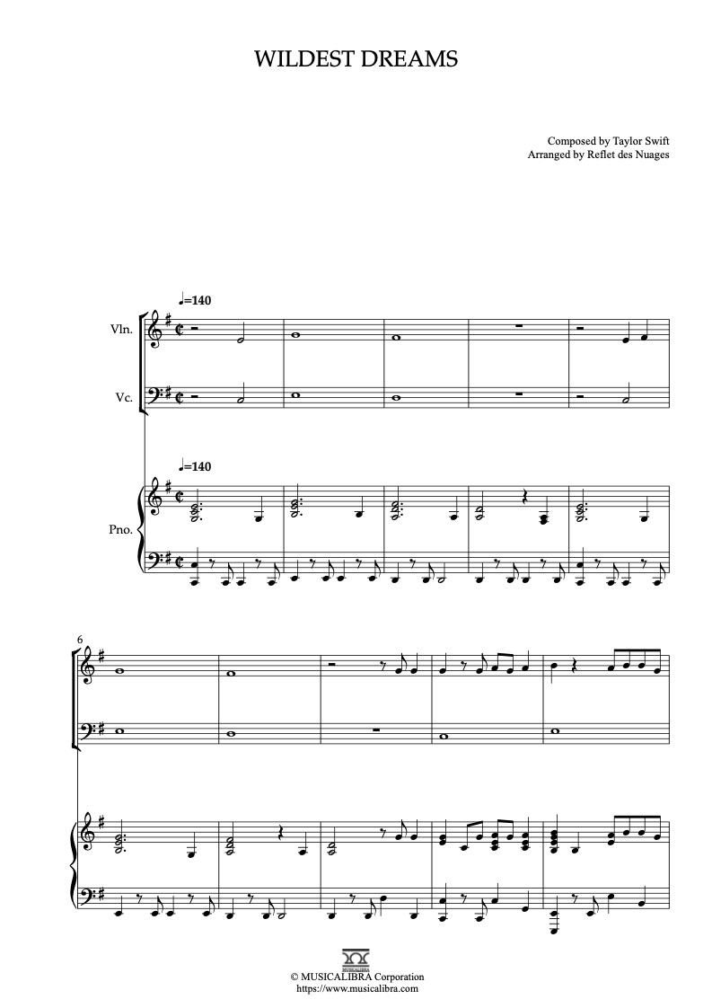 Sheet music of Taylor Swift Wildest Dreams arranged for violin, cello and piano trio chamber ensemble preview page 1