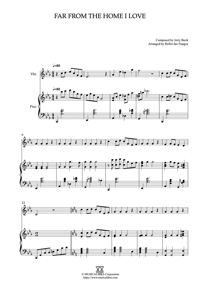 Sheet music of Fiddle on the Roof Far From the Home I Love arranged for violin and piano duet preview page 1