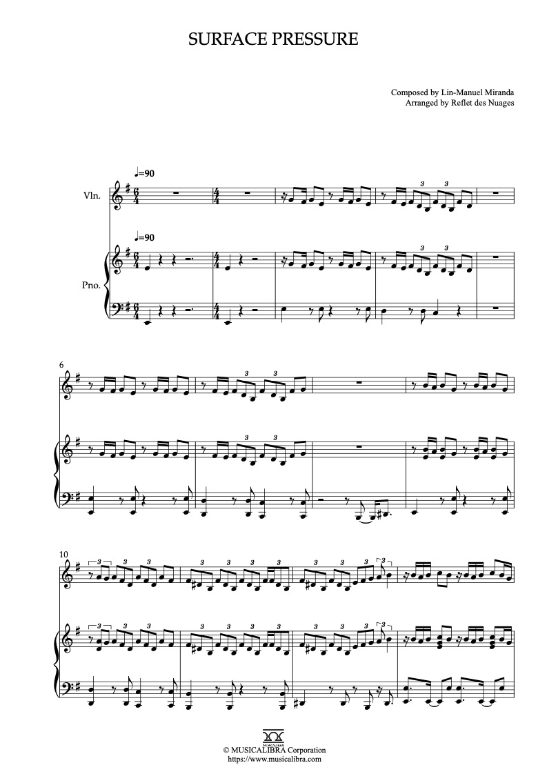 Partitura de Encanto Surface Pressure arreglada para dueto de violín y piano