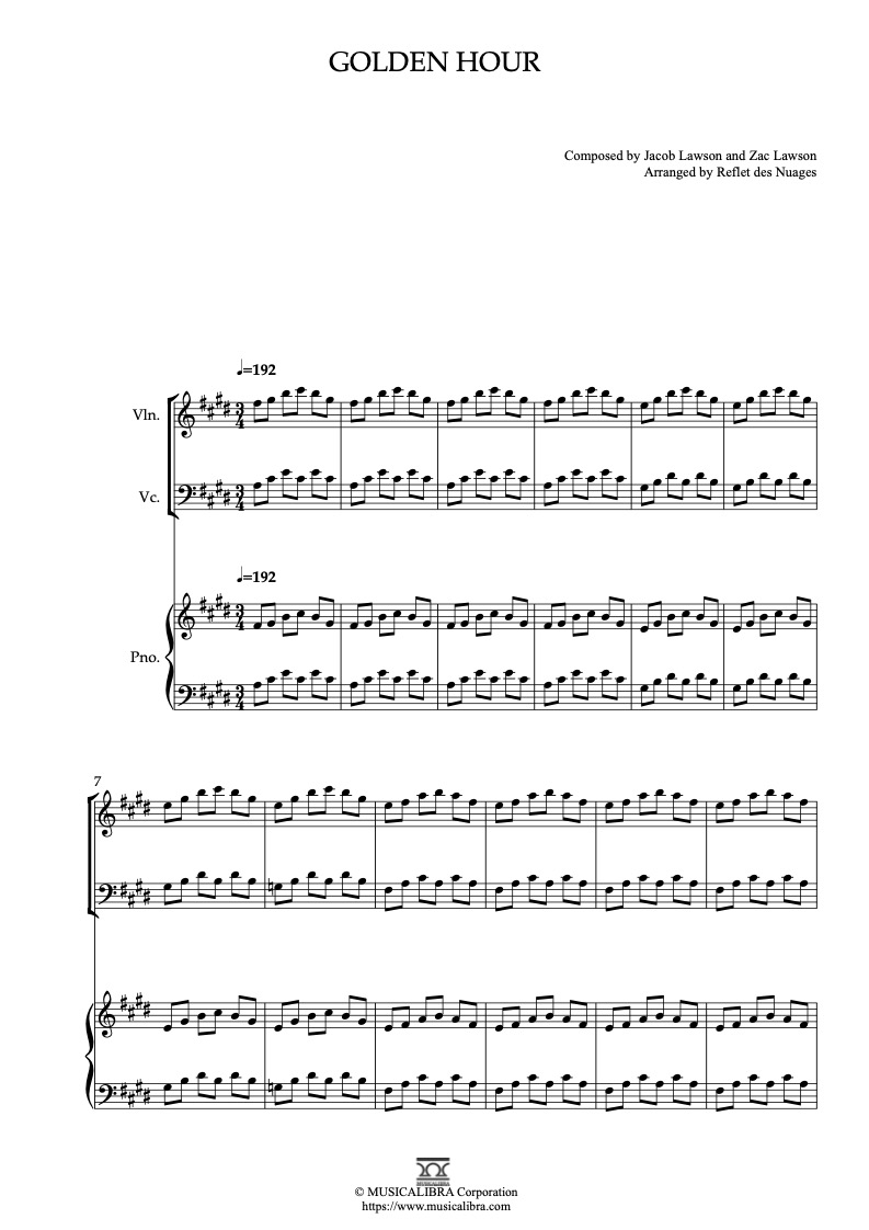 Partitura de JVKE golden hour arreglada para trío de violín, violonchelo y piano