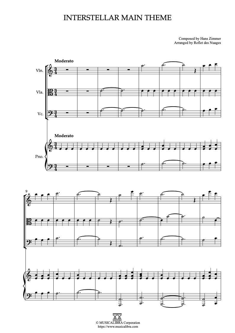 Partitura de Interstellar Main Theme arreglada para cuarteto de violín, viola, violonchelo y piano