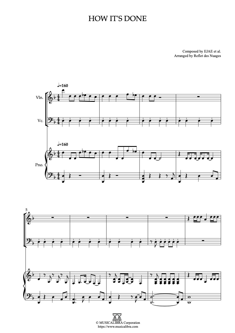 Sheet music of KPop Demon Hunters How It's Done arranged for violin, cello and piano trio chamber ensemble preview page 1