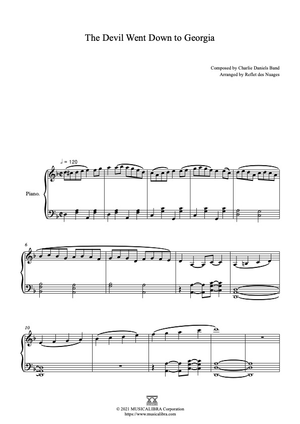 Sheet music of The Devil Went Down to Georgia arranged for piano solo preview page 1