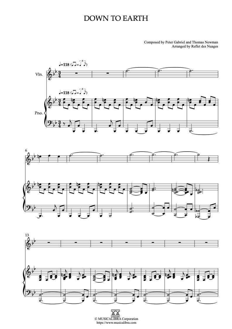 Partitura de Wall-E Down to Earth arreglada para dueto de violín y piano