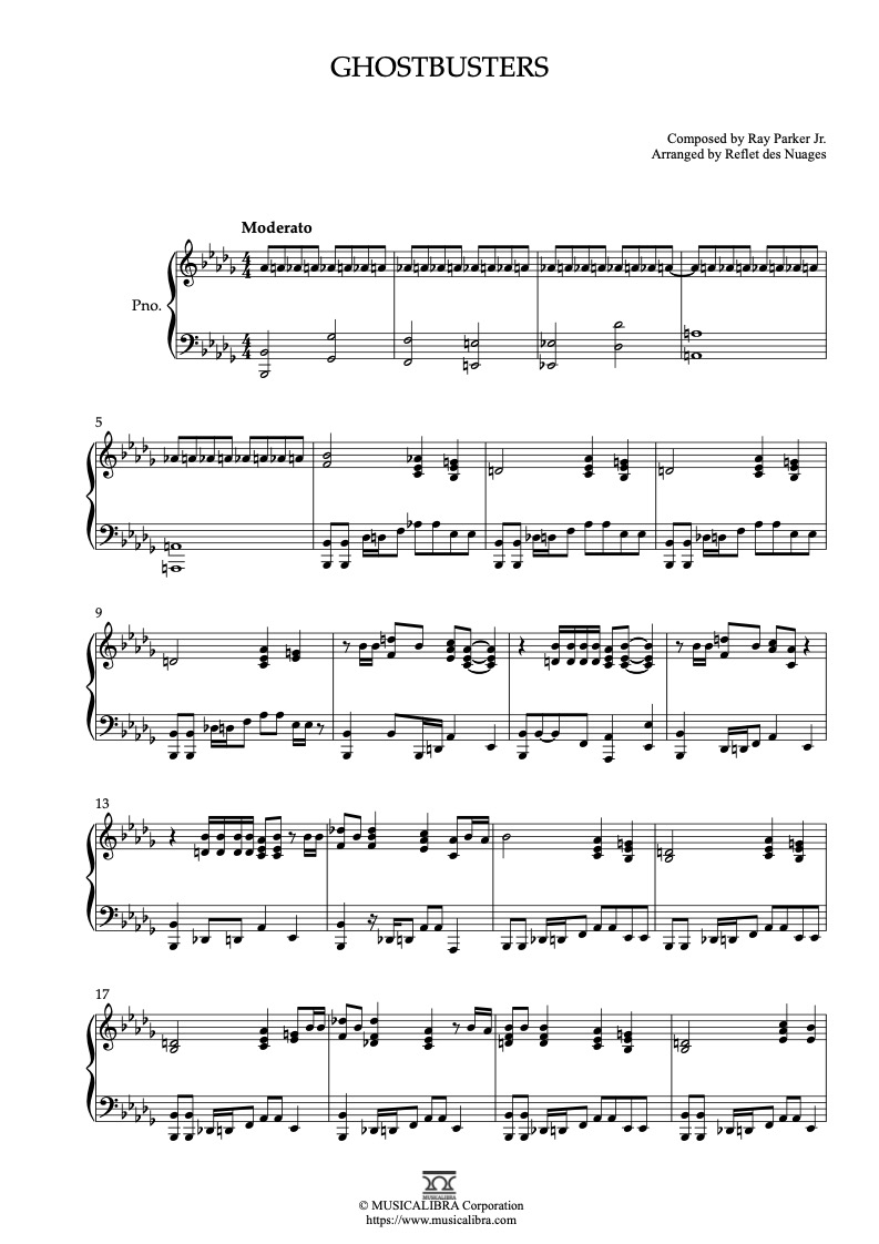Sheet music of Ghostbusters arranged for piano solo preview page 1