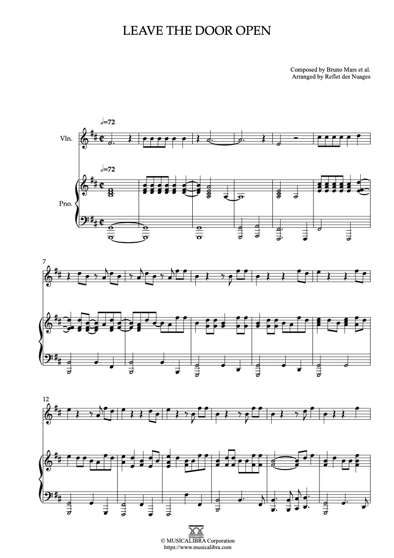 Sheet music of Leave the Door Open arranged for violin and piano duet chamber ensemble preview page 1