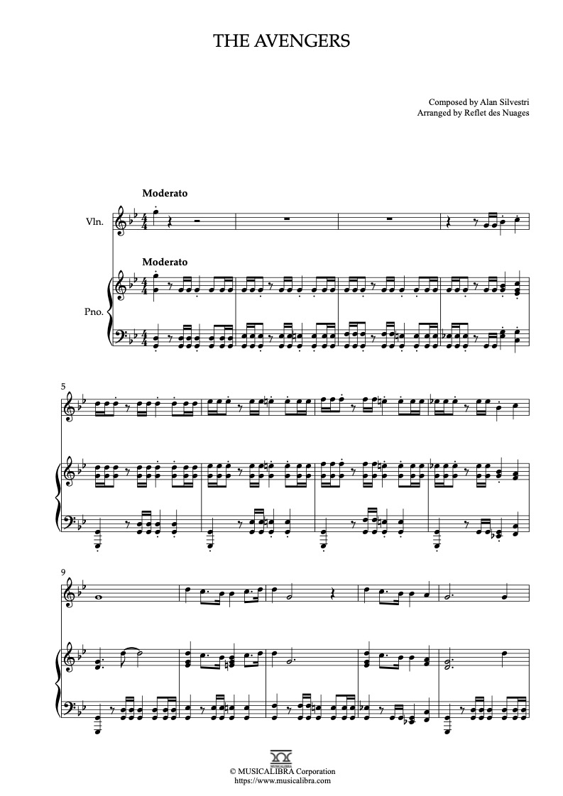 Partitura de The Avengers arreglada para dueto de violín y piano