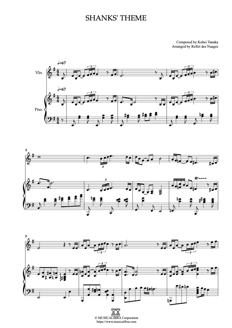 Partitura de One Piece Shanks' Theme arreglada para dueto de violín y piano